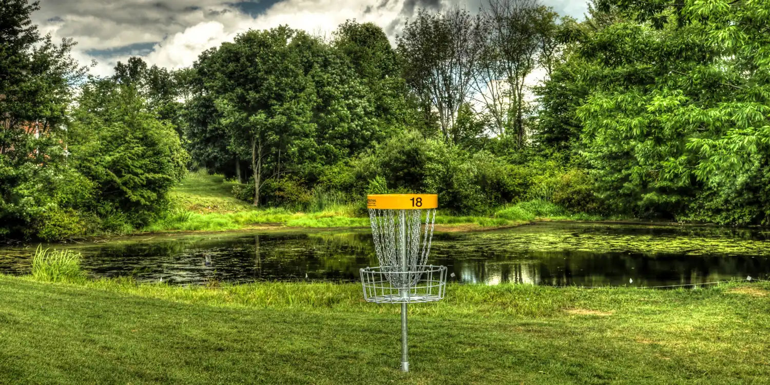 En Disc golf kurv står ved en sø i naturen